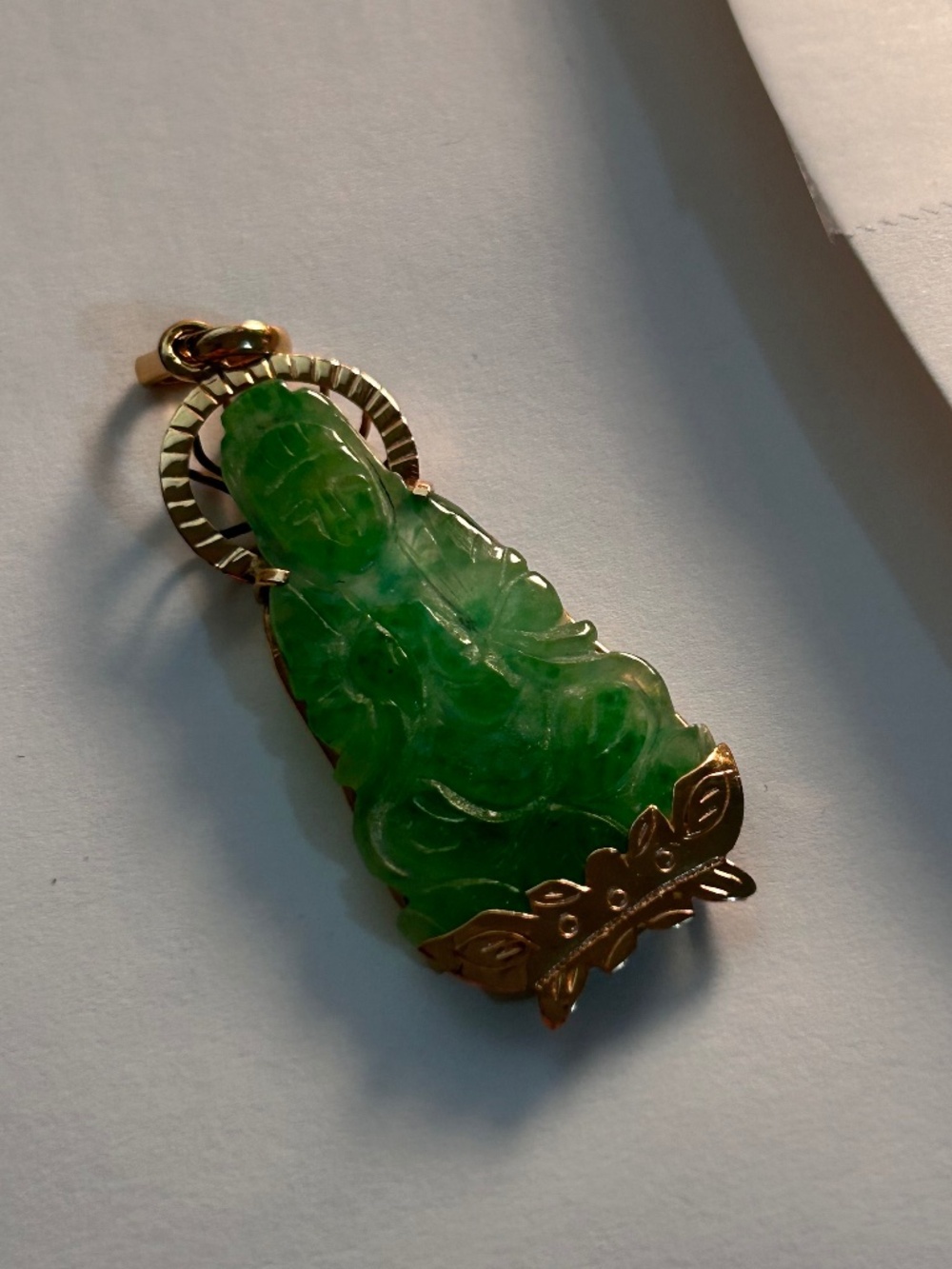 Estate 18kt Gold and Icy Jadeite Jade Kwan Yin Pendant